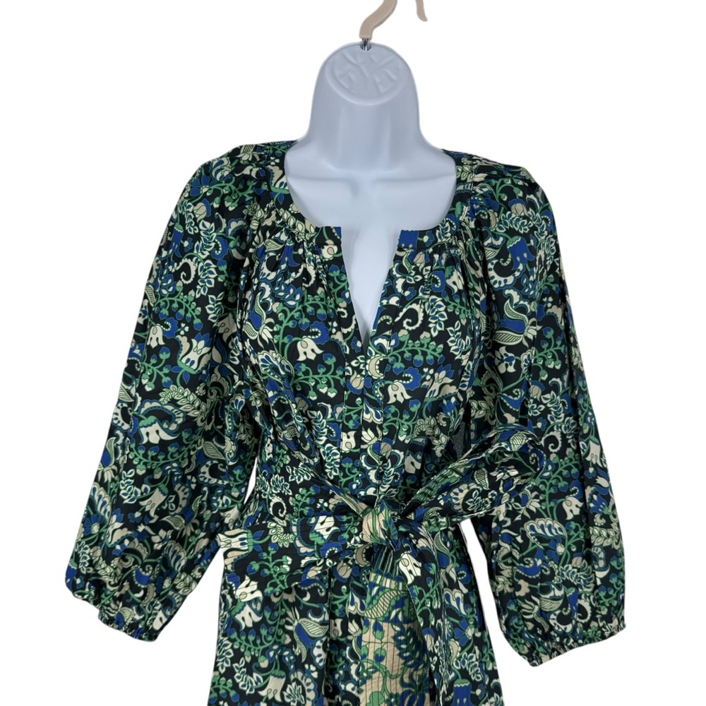 Tuckernuck NEW Batik Floral Lyles Green Blue Puff Sleeve Belted Midi Dress M - Picture 5 of 12